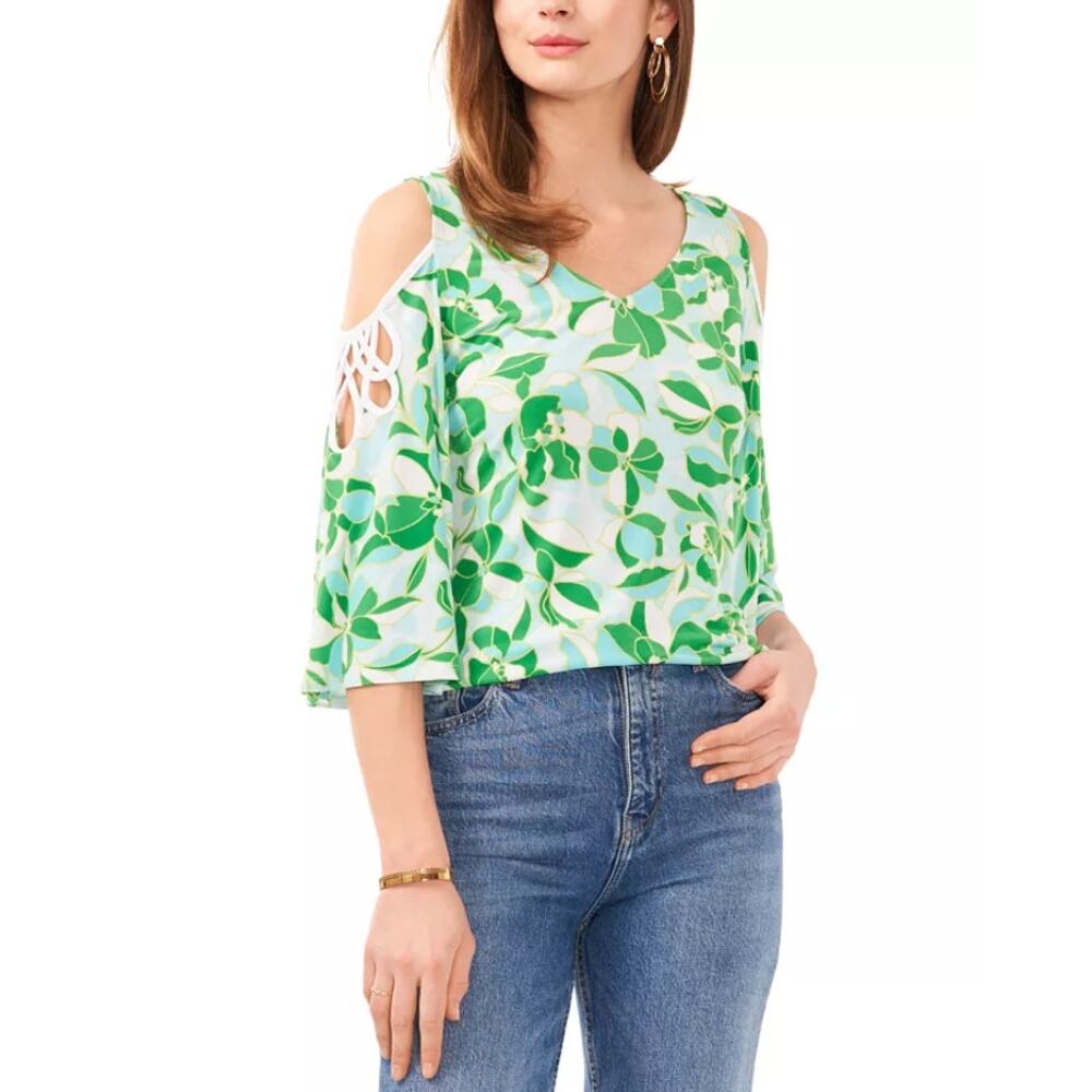 Sam & Jess Green Boho Floral Top XS NWT Cold Shoulder Bell Sleeve Blouse